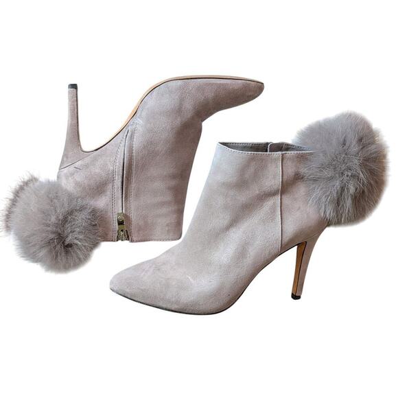 Antonio Melani Grey Leather Suede Fox Fur Pom Pom Ankle Boots Heel Womens 6M - Picture 5 of 10